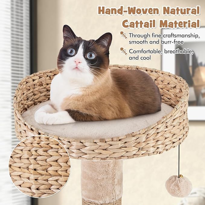 PETSITE 65 inch Cattail Cat Tree Tower, Multi-Level Cat Tower with Natural Jute Scratching Posts, Cat Bed, Top Perch, Dangling Balls and Jumping Platforms, Modern Tall Cat Tree for Indoor Cats-Mewly Pet