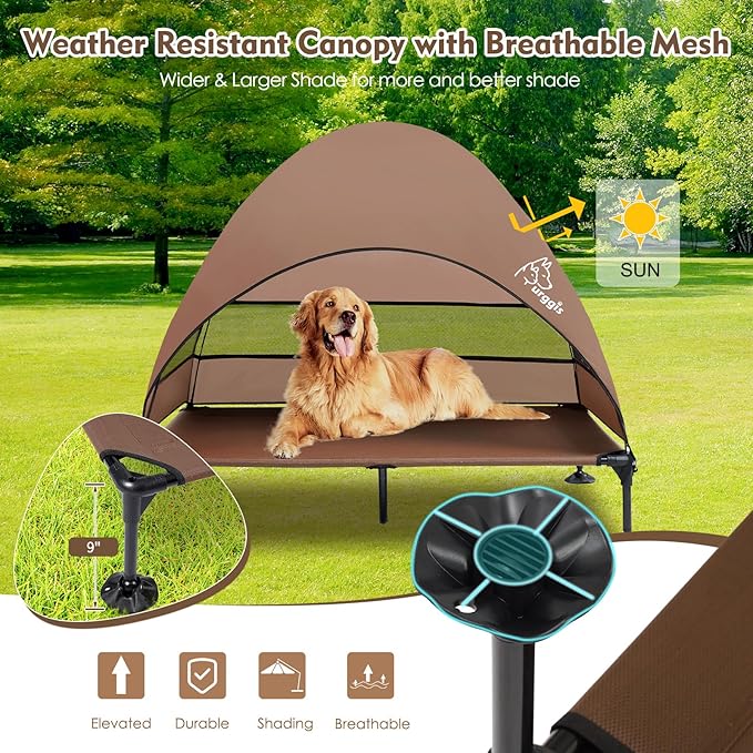 Upgraded Elevated Dog Bed with Canopy, Portable Raised Outdoor Dog Bed with Stable Anti-Slip Feet, Wider Shade Pet Bed Cot, Raised Dog Beds for Large Dogs Camping, Indoor & Outdoor Use-Mewly Pet