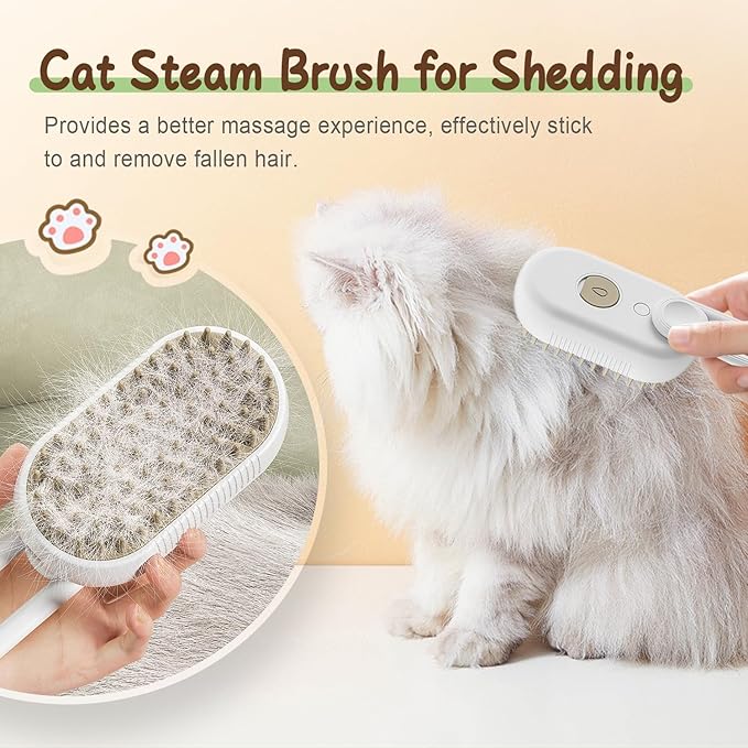 Cat Steam Brush for Shedding, 2025 New 3 in 1 Cat Brushes for Indoor Cats, Pet Steam Groomer Comb, Hair Water Brush Hair Removal Comb for Cats Dogs (White)-Mewly Pet