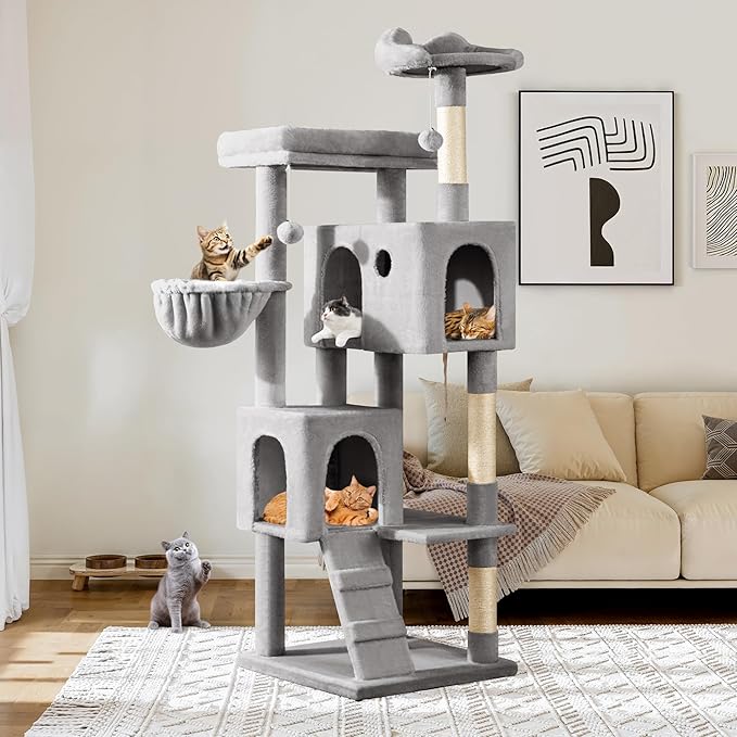 Allewie 64 Inches Cat Tree Tower/Multi-Level Activity Center for Indoor Big Felines/2 Plush Condos/2 Perchs/Basket/House/Sisal Scratching Posts/Hanging Cat Toys/Grey-Mewly Pet
