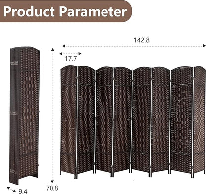 Room Divider 8 Panel Folding Privacy Divider 6 Ft Indoor Wall Divider Portable Partition Wood Screen, Brown