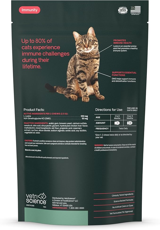 VetriScience Lysine Immunity Health Chews, 250 mg Lysine Plus Immune Supplement for Cats and Kittens with Allergies, Sneezing, Runny Nose and Watery Eyes, Chicken, 90 Count-Mewly Pet