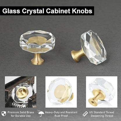 QOGRISUN 15-Pack Brass Crystal Cabinet Knobs, Glass Crystal Gold Drawer Knobs, 1-1/4-Inch Polygon, Decorative Dresser Pulls, Modern Cabinet Hardware
