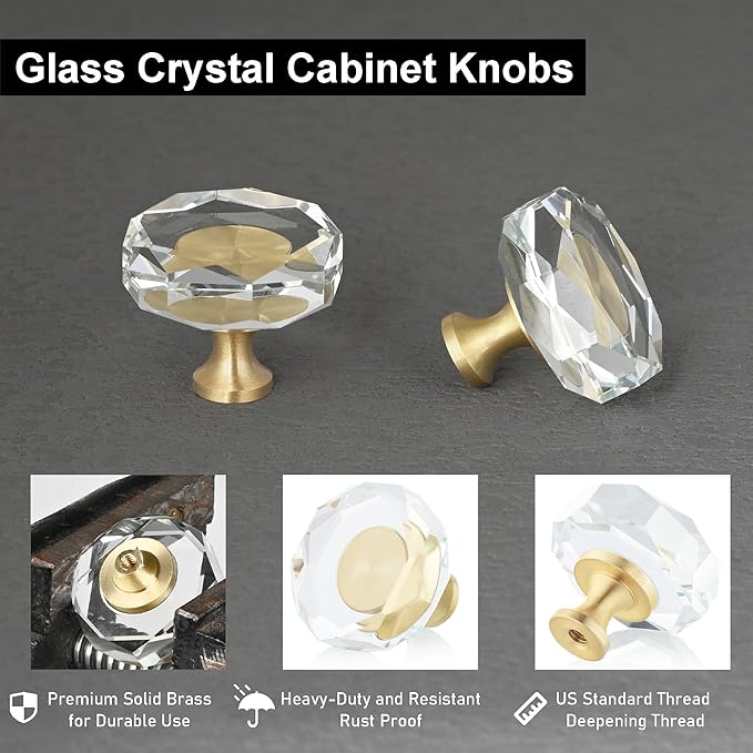 QOGRISUN 2-Pack Brass Crystal Cabinet Knobs,Glass Crystal Gold Drawer Knobs,1-1/4-Inch Polygon,Decorative Dresser Pulls, Modern Cabinet Hardware