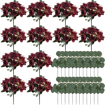 Peony Artificial Flowers, Faux Peonies Hydrangea Eucalyptus Bouquet 12 Packs Silk Vintage Realistic Peony Floral Arrangement for Vase Wedding Centerpiece Table Home Party Decor-Burgundy