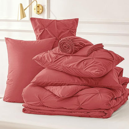 Bedsure Twin Comforter Set Coral Red - Bed in a Bag Twin Size Bedding 5 Pieces, GentleSoft™ Pintuck Bed Set Gift for Family, Pinch Pleat Coral Red Comforter with Sheets, Pillowcase & Sham