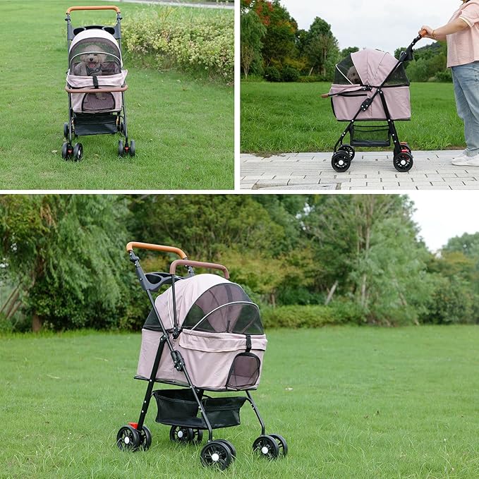 Pet Stroller with Storage Basket and Cup Holder, Folding Dog Jogger, Foldable Cat Stroller, 3 in 1 Puppy Kitten Cart, Pet Jogger for Medium Dog Cat (Pink)-Mewly Pet