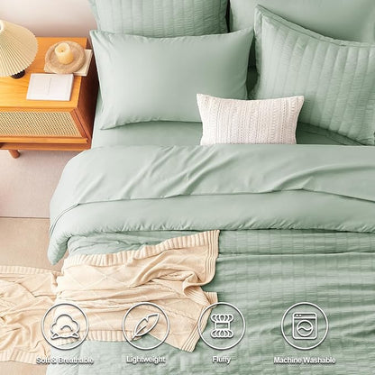 CozyLux King Size Comforter Set Sage Green Seersucker 7 Pieces Bed in a Bag King Comforter Set with Sheets, Luxury Bedding Set with Down Alternative Comforter, Sheets, Pillowcases & Shams All Seasonss