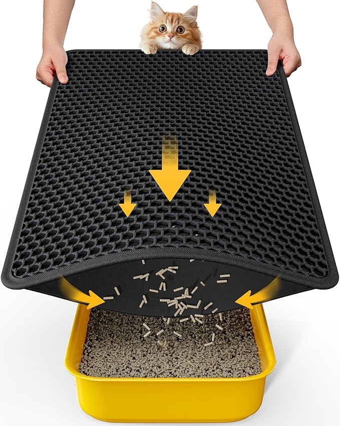 Cat Litter Mat - 23.2'' x 29.1'' Large Litter Trapping Mat, Easy to Clean Litter Box Mat, Waterproof, Urine-Proof, Non-Slip Kitty Litter Mats for Floor, Black-Mewly Pet
