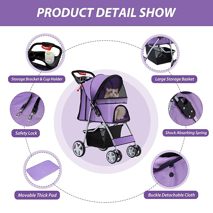 4 Wheels Pet Stroller for Small Medium Dogs Cats 10-33 lbs, Foldable Dog and Cat Stroller with Cup Holder & Storage Basket & Breathable Mesh, Pet Strolling Cart for All-Season, Purple-Mewly Pet