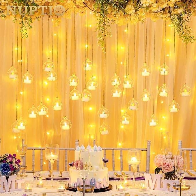 NUPTIO Hanging Glass Globe with Candles: Set of 12 Tealight Candle Holders with LED Tea Lights - 2.36 inch Bulk Clear Votive Candleholders for Party Wedding Birthday Shower Celebration Tree Decoration