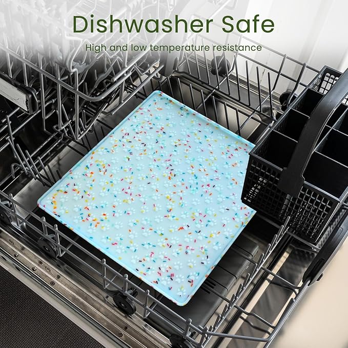 Ptlom Dog Food Mat Anti-Slip Dog Bowl Mats for Food and Water, Waterproof Pet Placemat Prevents Messy Spill to Floor, Silicone Puppy Feeding Tray for Small, Medium and Large Dogs Cats, Blue-Mewly Pet