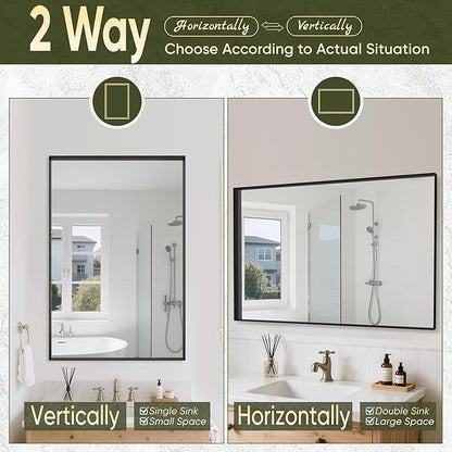 Suidia Bathroom Mirror, 60" x 36" Wall Mirror Metal Framed, Bathroom Vanity Mirror for Living Room Bedroom Bathroom Entryway, Black, Rect Corner Style