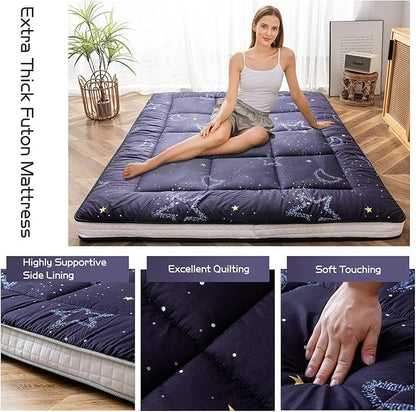 MAXYOYO Black Moon and Star Futon Mattress, Japanese Floor Mattress Quilted Bed Mattress Topper, Extra Thick Folding Sleeping Pad Breathable Floor Lounger Guest Bed for Camping, King