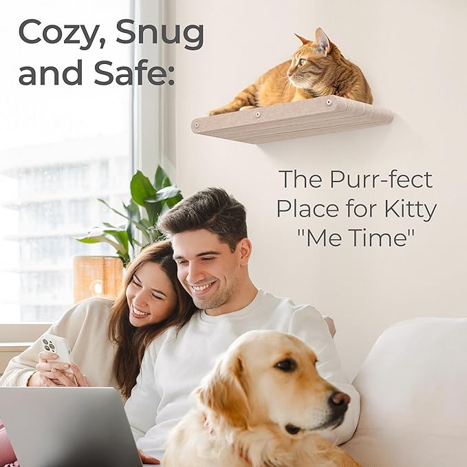 Wall Mounted Cat Perch Long Shelf by Pryde Pets - Floating Hammock Bed, 100% Sustainable PET Felt Feline Enrichment Climber Furniture for Indoor Cats, Modern Climbing Gym Jungle Design (Oatmeal)-Mewly Pet