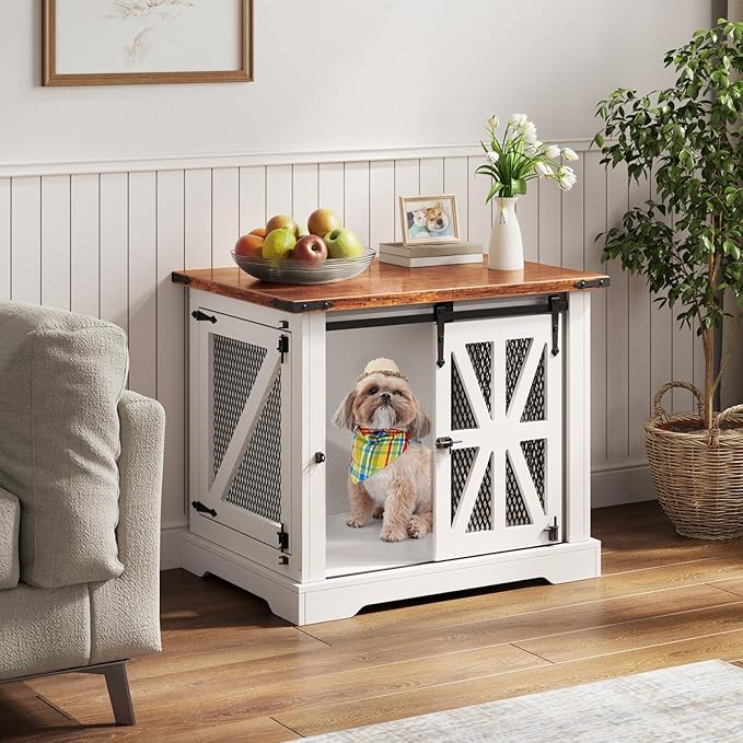 VOPEAK 27.5" Small Dog Crate Furniture, Chew Resistant Dog Crate for Puppy Dogs, Heavy Duty Small Dog Crate Dog Kennel Indoor with Double Doors, Wooden End Table for Bedroom Living Room, White-Mewly Pet