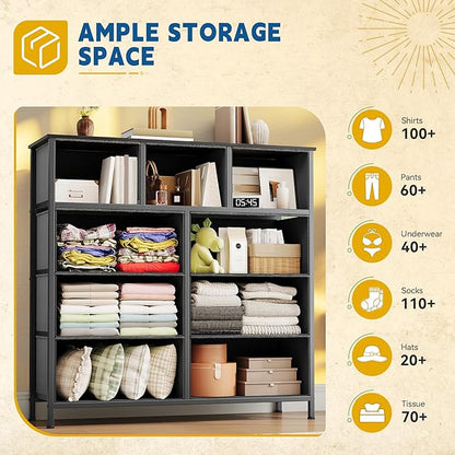 DWVO 9 Drawers Dresser for Bedroom, Fabric Storage Tower for Living Room, Entryway - Sturdy Steel Frame, Wooden Top & Easy Pull Fabric Bins