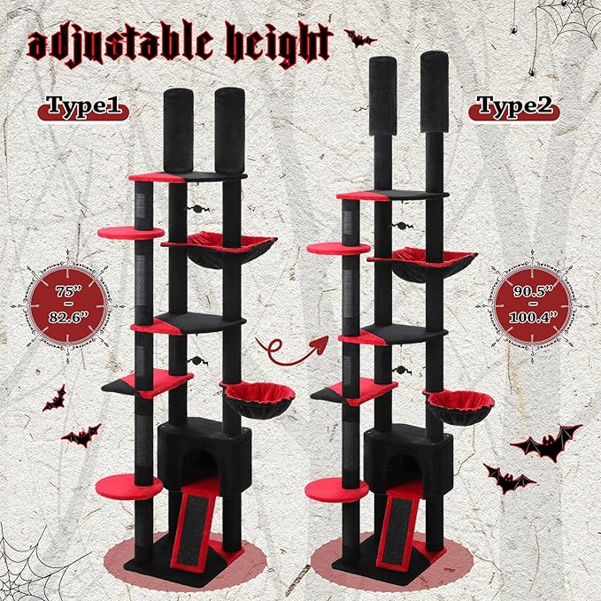 PEQULTI Tall Cat Tree, Floor to Ceiling Cat Tree Tower Adjustable [90.5''-100.4''=230-252CM] with Cat Condo, Hammock and Scratching Post, Gothic Cat Climbing Tree for Indoor Large Cats, Black-Mewly Pet