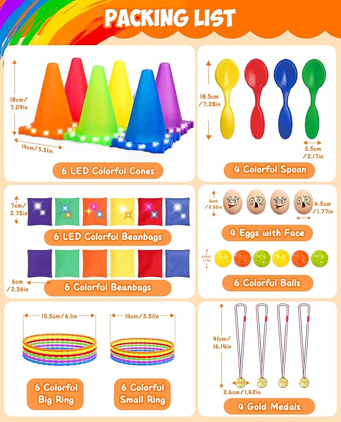 Eocolz 49PCS Carnival Games Outdoor Combo Set for Kids with LED Light, Plastic Cones Obstacle Course Bean Bags Balls Ring Toss Game Egg and Spoon Race Lawn Game, Gift for Birthday Party/Xmas/Easter-Mewly Pet