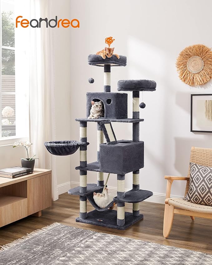 Feandrea Cat Tree, 66.1-Inch Large Cat Tower with 13 Scratching Posts, 2 Perches, 2 Caves, Basket, Hammock, Pompoms, Multi-Level Plush Cat Condo for Indoor Cats, Smoky Gray UPCT165G01-Mewly Pet