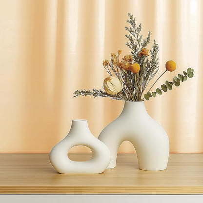 Nordic Ceramic Vase Set – 2 White Sculptural Vases for Fresh Flowers or Dried Stems – Minimalist Home Décor for Shelf, Table, Wedding or Gift – Holds Water