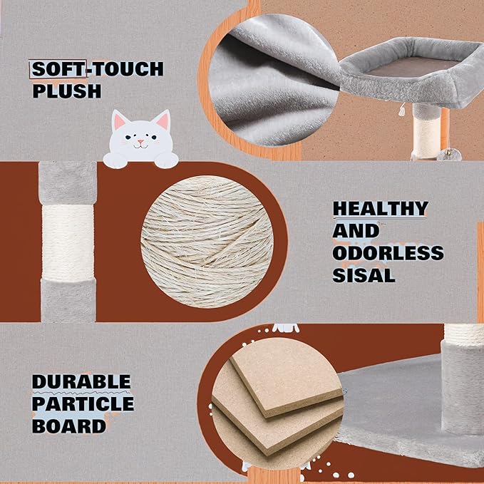 SHA CERLIN 73" Space-Saving Cat Tree/Multi-Level Tall Cat Tower with Perches/Scratching Posts/Condo & Hanging Baskets/Modern Fan-Shaped Design for Indoor Kitties/Pet Activity House/Grey-Mewly Pet