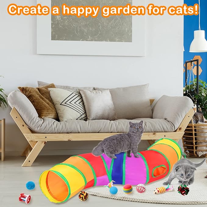 Wettarn 22 Pieces Cat Toys Set, with 2 Collapsible Tunnels for Indoor Cats and 20 Kitten Toys Tubes and Tunnels Interactive Feather Mouse Crinkle Balls for Pets Puppies(Colorful)-Mewly Pet