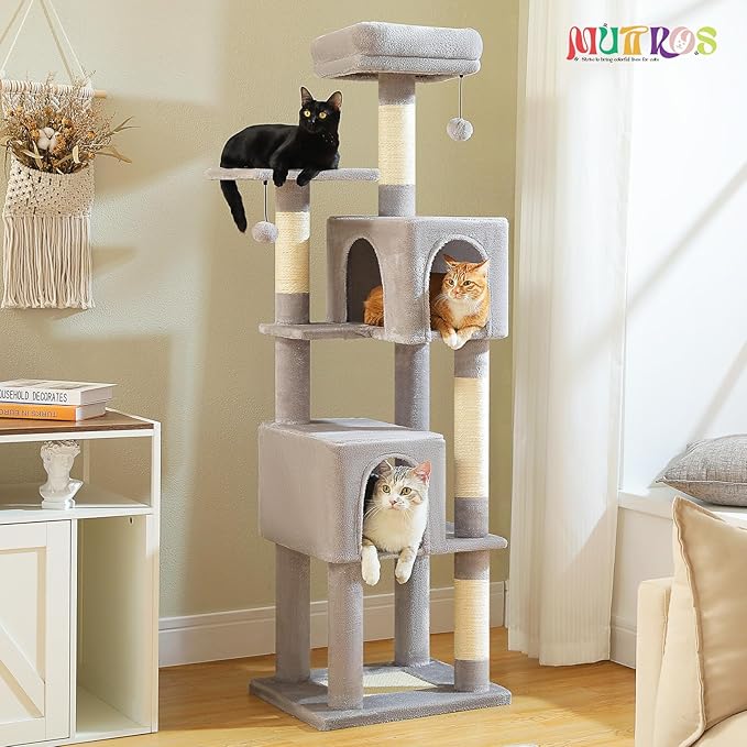 62-Inch Cat Tree for Indoor Cats, Large Cat Tower with Scratching Posts for Large Cats, 2 Bigger Plush Condos, Padded Platform, Soft Cat Bed and Scratching Pad, 2 Pompoms, Gray-Mewly Pet