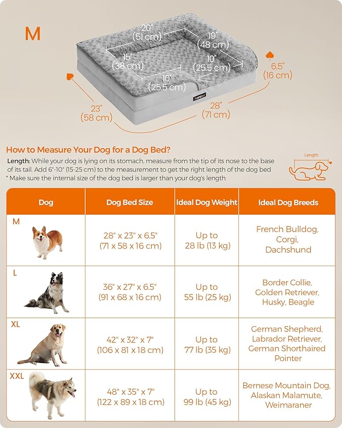 Feandrea Orthopaedic Dog Bed for Medium Dogs, Waterproof Dog Sofa Bed with Removable Washable Cover, 28 x 23 x 6.5 Inches, Dove Gray UPGW251G01-Mewly Pet