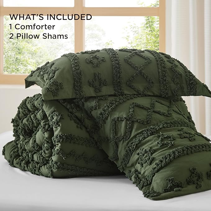 Bedsure Tufted Boho Comforter Set Oversized Queen - Olive Green Boho Bed Set, GentleSoft™ 3 Pieces Farmhouse Shabby Chic Embroidery Bedding, Gifts for Woman, Soft Jacquard Comforter for All Seasons