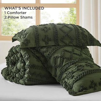 Bedsure Tufted Boho Comforter Set King Size - Olive Green Boho Bed Set, GentleSoft™ 3 Pieces Farmhouse Shabby Chic Embroidery Bedding, Gifts for Woman, Soft Jacquard King Comforter for All Seasons