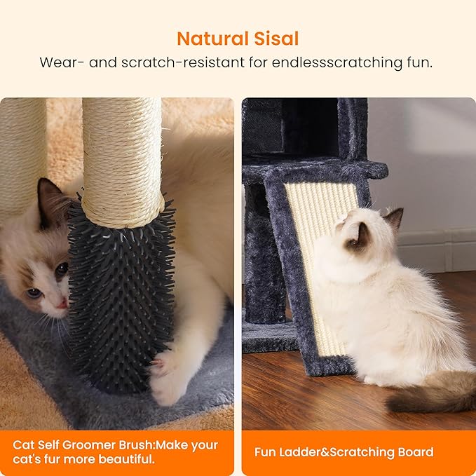 Heybly Cat Tree with Cat Self Groomer Brush, Cat Tower Condo for Indoor Cats with Padded Plush Perch, Cat House with Basket Scratching Board Post, Smoky Gray HCT005SG-Mewly Pet
