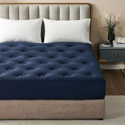 Hansleep Queen Mattress Topper Viscose Derived from Bamboo, Memory Foam Pillow Top Mattress Topper Queen with Deep Pocket, Breathable Mattress Pad for Back Pain Relief, 60" x80", Navy Blue