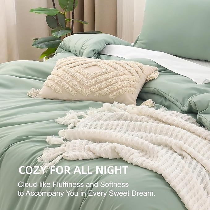 Litanika Oversized Queen Comforter Set, 3 Pieces Sage Green Lightweight Solid Bedding Comforter Set, All Season Fluffy Bed Set (98x98In Comforter & 2 Pillowcases)