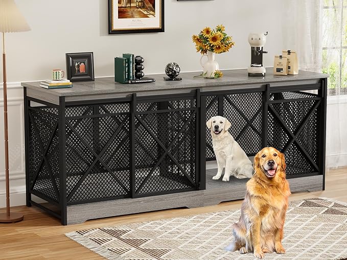 COZPAW 78 Inch Double Dog Crate Furniture, Extra Large Dog Kennel Indoor for Medium Large 2 Dogs, Heavy Duty Dog Cage Chew-Resistant Steel and Wooden Pet House with Removable Divider (Grey)-Mewly Pet