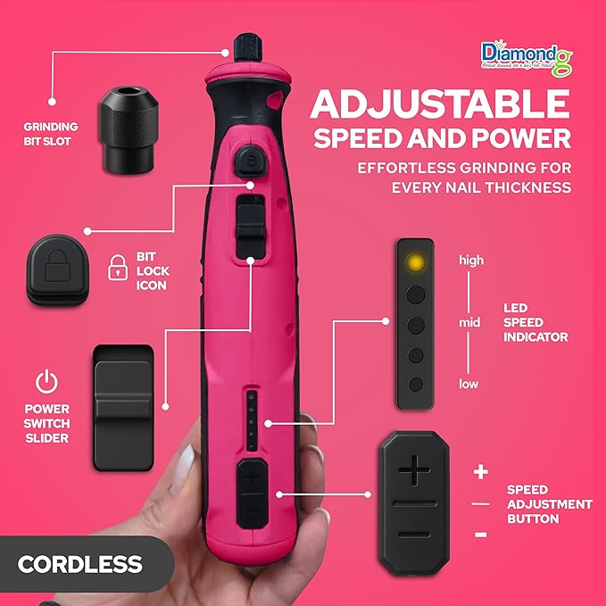 Diamondg Cordless Dog Nail Grinder with Quiet Sound & LED Tip for Large & Small Dogs, 4hrs. Runtime - Electric Dog Nail Trimmer, Heavy Duty Rotary Tool Alternative to Toenail Clippers & Filers-Mewly Pet