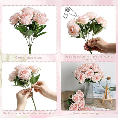 Artificial Roses Bouquets - 8 Bundles Fake Silk Flowers Realistic Faux Florals Bulk for Wedding Bridal Party Baby Shower Event Home Arrangements Centerpieces Decorations (Pink)