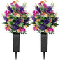 Artificial Cemetery Flowers for Grave: Memorial Day Flowers for Cemetery - Outdoor Grave Decorations - 2 Pcs Purple Violet Mums Bouquets with Vases