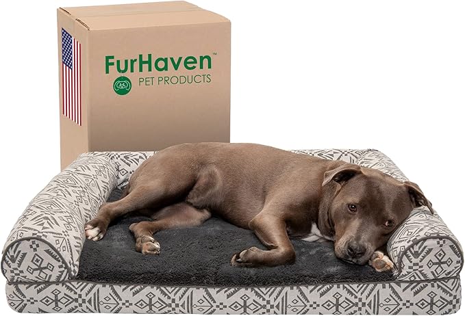 Furhaven Orthopedic Dog Bed for Large/Medium Dogs w/ Removable Bolsters & Washable Cover, For Dogs Up to 55 lbs - Plush & Southwest Kilim Woven Decor Sofa - Boulder Gray, Large-Mewly Pet