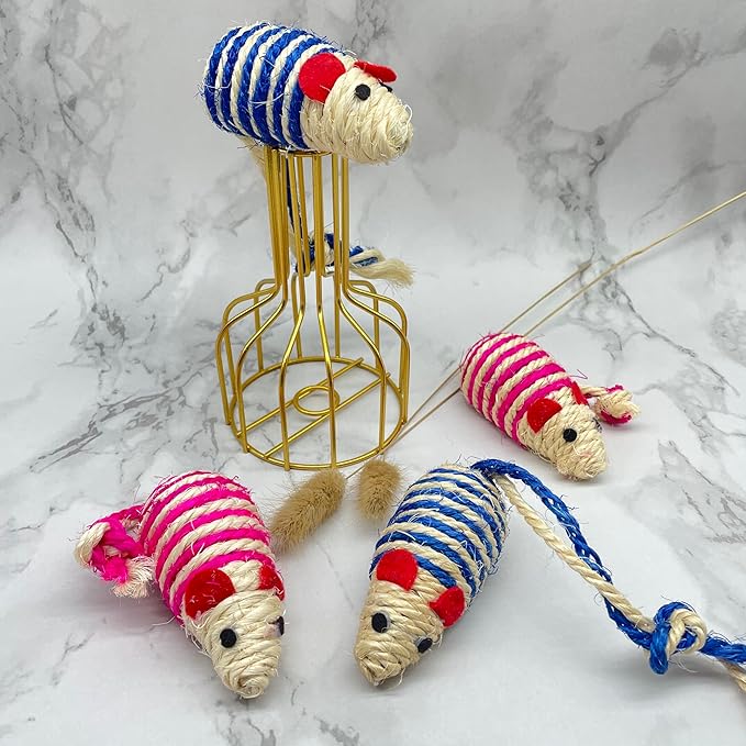 LUOZZY 4Pcs Cat Mouse Toys Adorable Sisal Mice Toys Kitten Chewing Toy Funny Indoor Animal Shape Props Pet Supplies - Blue+Pink 1.38x5.11in-Mewly Pet