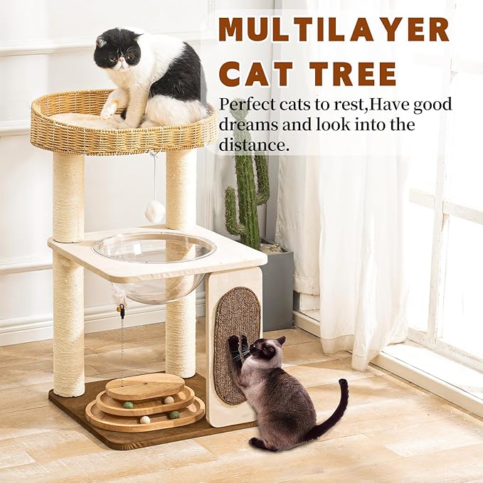 Modern Cat Tree for Indoor Cats with Sisal Rope Scratching Posts, Hand-Woven Cat Condo & Top Perch, Space Capsule Cats Nest, Cute Cat Tree with Interactive Cat Toy-Mewly Pet