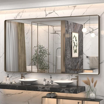 66x36 Inch Bronze Bathroom Mirror, Brushed Bronze Metal Frame Mirrors for Wall, Rounded Rectangle Bronze Mirror for Vanity,Farmhouse, Bedroom, Anti-Rust (Horizontal/Vertical)