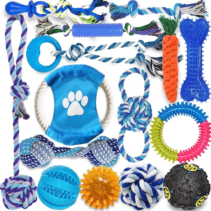 Dog Toys 15 Pack for Teeth Cleaning and Fun, Puppy Teething Chew Toys Interactive Rope Squeaky Treat Balls & Rubber Tous Bulk– Variety Dog Gifts Set Reduce Anxiety & Save Furniture-Mewly Pet