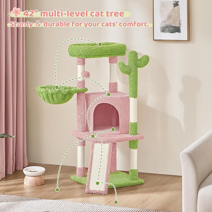 Yaheetech Cactus Cat Tree, 42in Cat Tower for Indoor Cats, Multi Level Kitten Condo Scratching Post, Pet Activity Center Furniture w/Ball, Plush Perch, Platform, Basket, Pink/Green-Mewly Pet