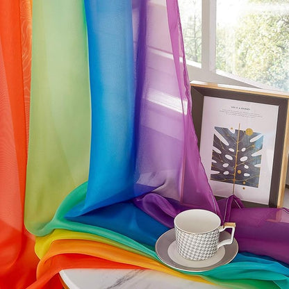 RYB HOME Rainbow Sheer Valance Curtains for Living Room - 2 Panels Bright Window Scarf Valance for Canopy Bed Patio Frame Birthday Party Backdrops Table Runner, W 60 in x L 216 in per Panel, Rainbow