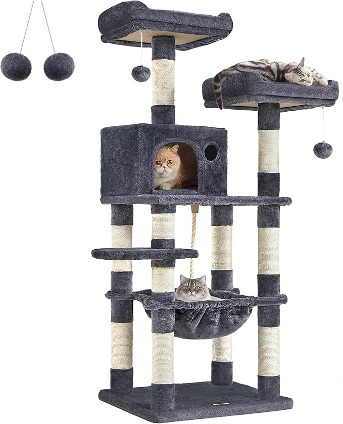 FEANDREA Cat Tree, Cat Tower for Indoor Cats, 56.3-Inch Cat Condo with Scratching Posts, Hammock, Plush Perch, Smoky Gray UPCT15GYZ-Mewly Pet