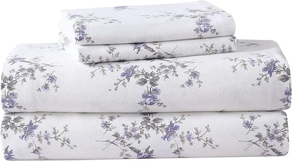 Laura Ashley - Flannel Sheets Full Size, Anti-Pilling & Wrinkle Resistant Cotton, Touchably Soft for All-Season Comfort - Bed Sheets with Matching Pillowcases & Fitted Sheet (Jessika Lavender)