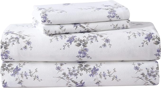 Laura Ashley - Flannel Sheets Queen Size, Anti-Pilling & Wrinkle Resistant Cotton, Touchably Soft for All-Season Comfort - Bed Sheets with Matching Pillowcases & Fitted Sheet (Jessika Lavender)