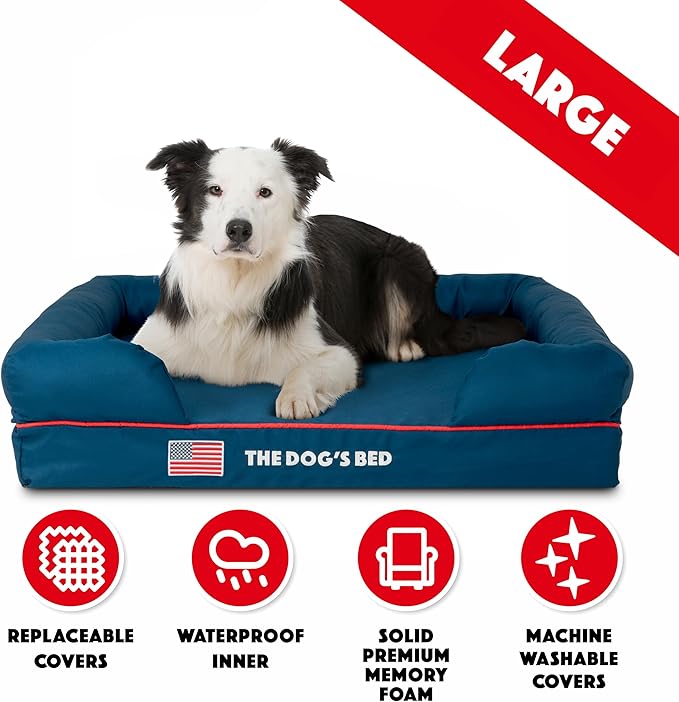 The Dog’s Bed, Large Blue Oxford with Red Trim USA Flag Dog Bed 36x27 Memory Foam, Pain Relief: Arthritis, Post Surgery, Lameness, Supportive, Calming, Waterproof Washable Cover, Veterinary Approved-Mewly Pet