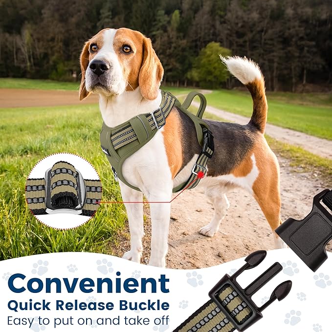 Funfox Dog Harness No Pull, Adjustable Pet Vest Harness, Super Soft Material with Vertical Handle Easy Control, Reflective Night Walking, 2 Leash Clips for Small Sized Dogs, Army Green, S-Mewly Pet